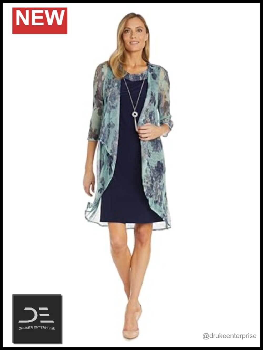 R&M Richards Sheath Dress Set with Sheer Crinkle Jacket & Detachable Necklace
